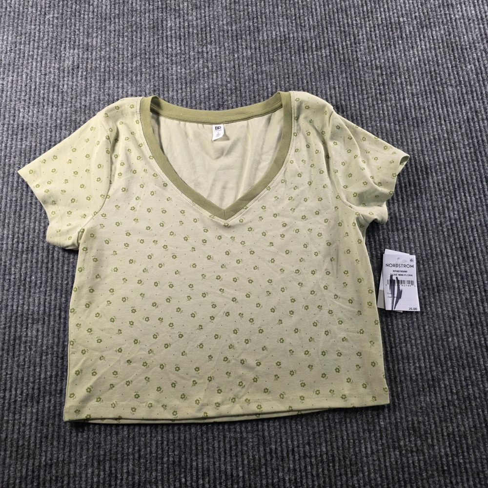 BP Nordstrom Olive Mini Floral V-Neck Short Sleeve Crop T-Shirt L‎